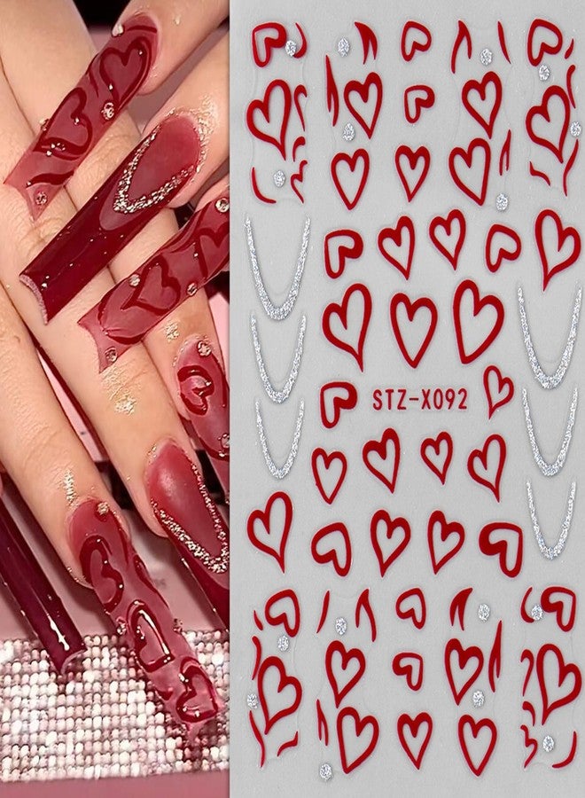 BSBTBZ 6PCS Valentine's Nail Art Stickers 3D Valentine Nail Decals Mini Red Heart Shaped Lrregular Love Stripe Design French Lines Nail Sticker Nail Tip Shiny Valentine's Romantic Hearts Manicure Accessories - Image 2
